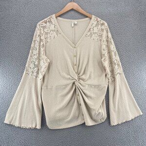 Cato Top Women Extra Large Ivory Waffle Knit Lace Flare Sleeve Button Knot Front